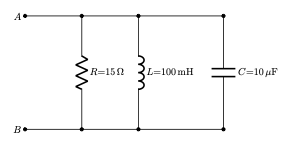 A resistor, an inductor, and a capacitor are connected in parallel, with values $$100\ \text{mH}$$, $$10\ \mu\text{F}$$, and $$15\ \Omega$$ respectively